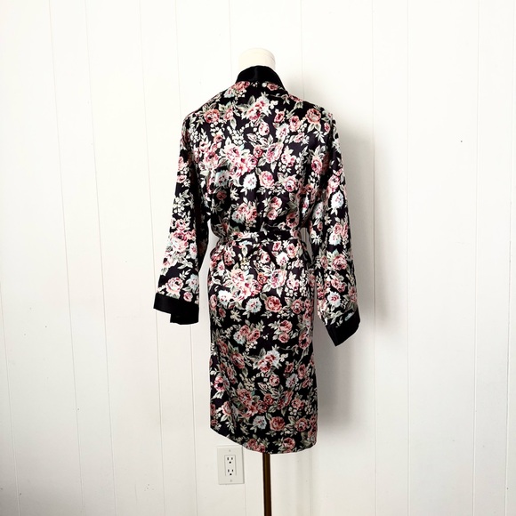 Vintage 80s Victoria's Secret Gold Label Black Pink Floral Sheer Satin Robe L - Picture 2 of 3